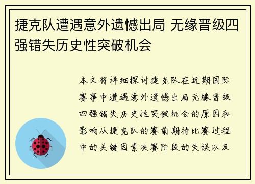捷克队遭遇意外遗憾出局 无缘晋级四强错失历史性突破机会