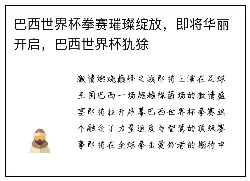 巴西世界杯拳赛璀璨绽放，即将华丽开启，巴西世界杯犰狳