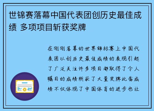世锦赛落幕中国代表团创历史最佳成绩 多项项目斩获奖牌