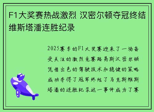 F1大奖赛热战激烈 汉密尔顿夺冠终结维斯塔潘连胜纪录